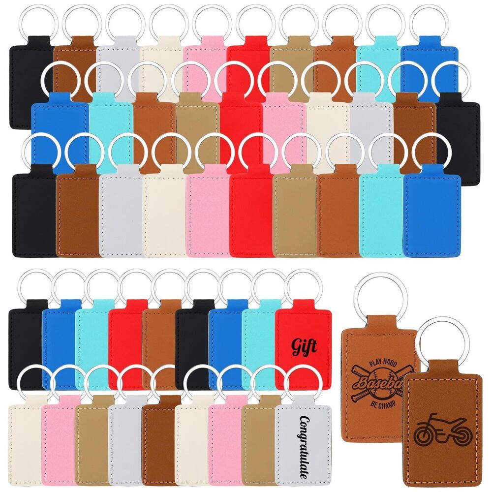 9059 50 Pcs PU Leather Keychain Blanks Bulk with 50 Rings Laser Engraving